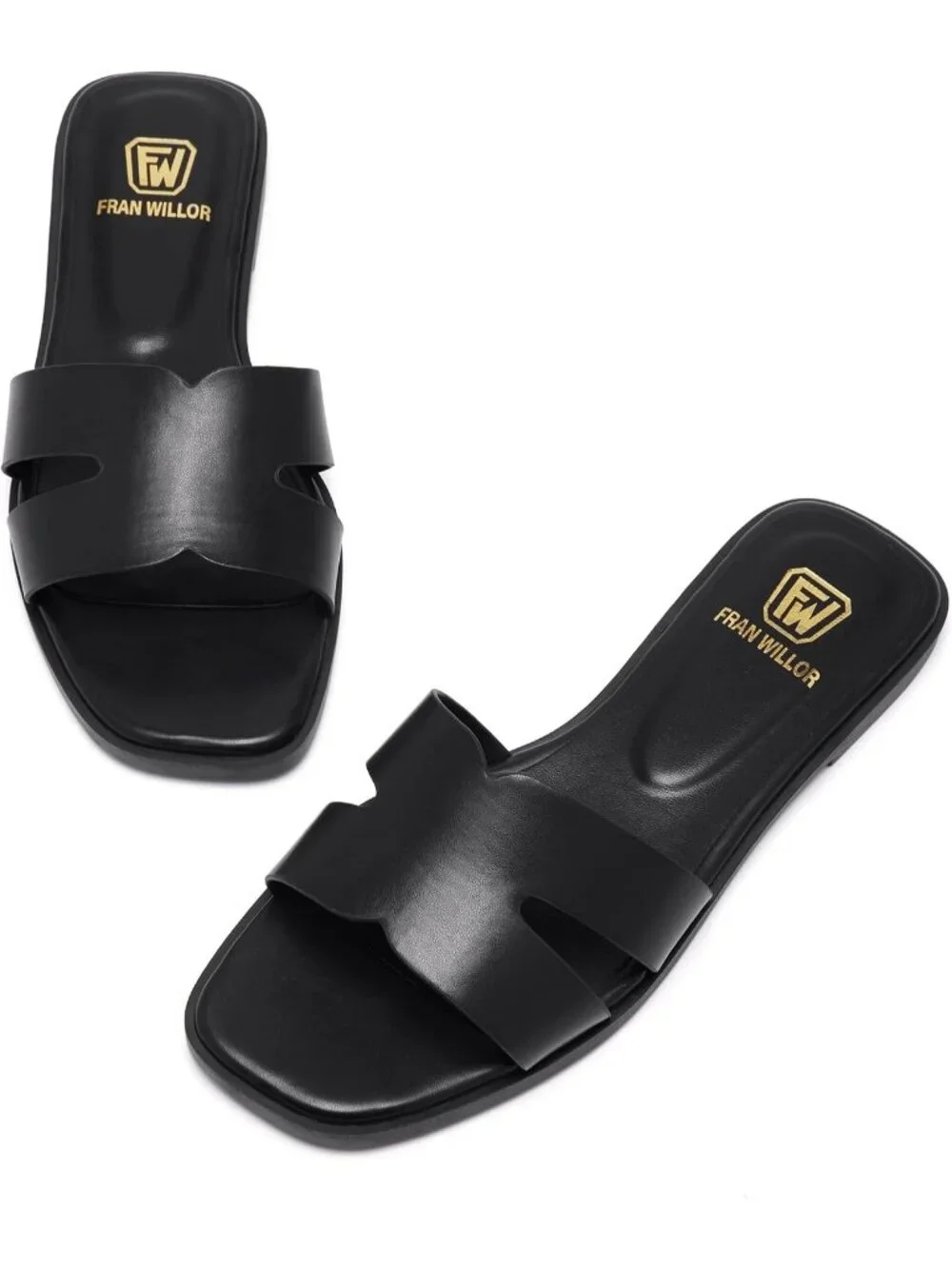 Women's Black Flat Comfortable Slide Fashion Square Open Toe Slip Beach Sandal